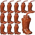 Hoolerry 12 Pcs 10 oz Plastic Cowboy Boot Cups with Straws and Lids Plastic Cowboy Cups for Western Themed Party Supplies and Rodeo Party Decorations (Brown)