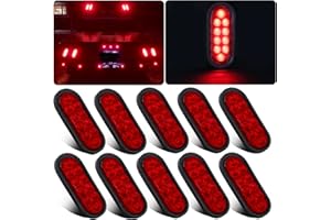 Partswcgg 6 Inch Oval LED Trailer Tail Lights 10 LED, 10Pcs Trailer Truck Brake RED 6" Oval Led Stop Turn Tail Lights Sealed Flush Mount Waterproof w/Rubber Grommets 3 Prong Wire Plug Pigtails 12V