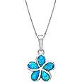 Honolulu Jewelry Company Sterling Silver Plumeria Flower Necklace Pendant with Simulated Blue Opal