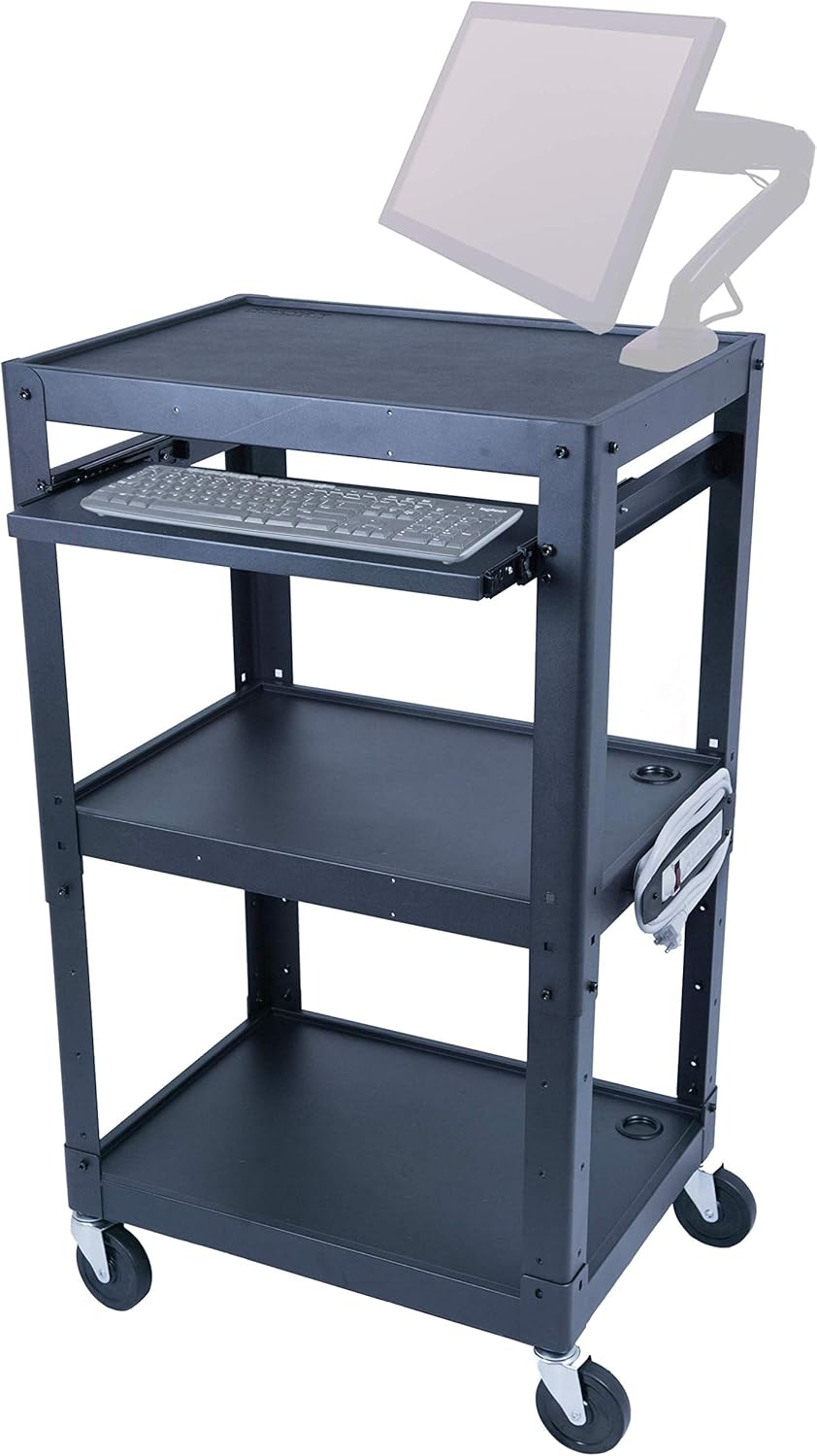 Steel Frame AV Cart with Wheels - Audio Visual Station with Wheels for Multi Media Technology (Printer, Projector, Document Camera, Laptop, Computer) - Three Shelf Rolling Cart with Power Cord : Office Products