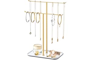 Jewelry Organizer Stand Necklace Holder – 2‑Tier T‑Bar Jewelry Display Tree with Tray for Countertop Necklace Bracelet Earrin