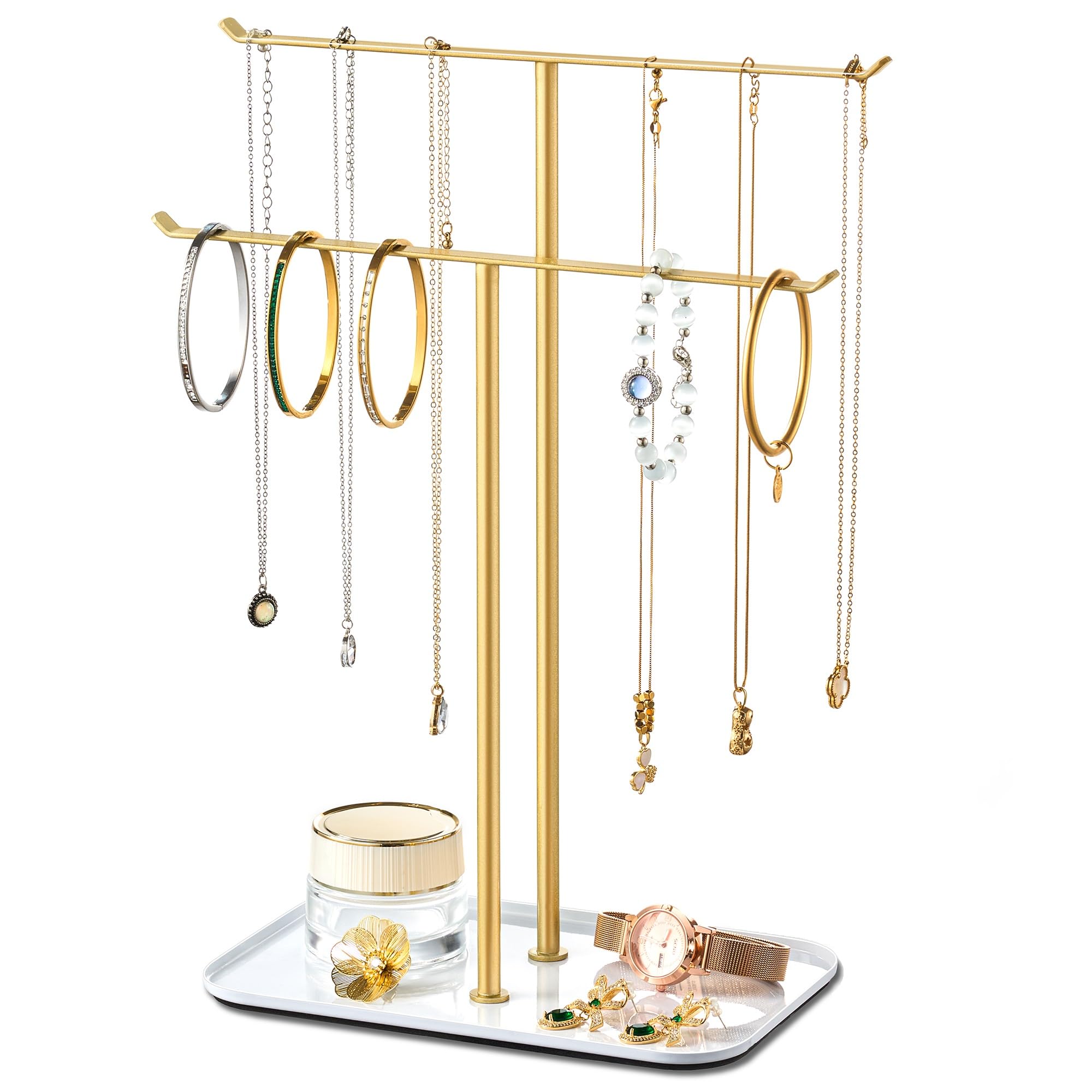 Photo 1 of pickpiff Necklace Holder Jewelry Organizer Stand – 2?Tier T?Bar Jewelry Display Tree with Tray for Countertop Necklace Bracelet Earring Storage, Vanity Dresser Bathroom Sink, Gold