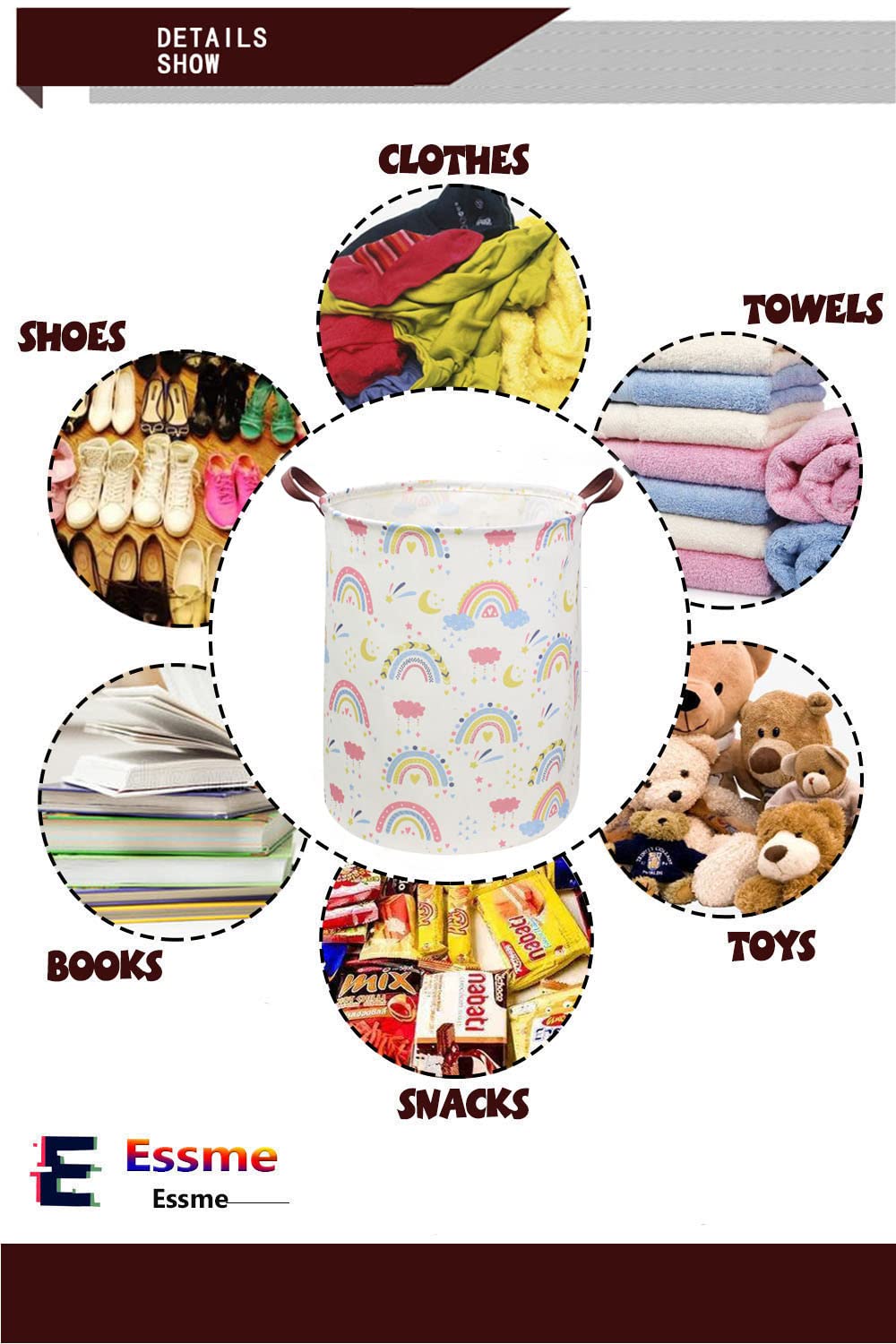 ESSME Rainbow laundry basket,Collapsible Kids Laundry Hamper with Waterproof PE Coating,Girls Hamper Nursery Hamper for Girls Room Decor,Toy storage,Gift Basket.(Rainbow)