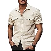 VIPWOLF Men's Corduroy Shirts Button Down Short Sleeve Dual Pockets Work Travel Shirt Top