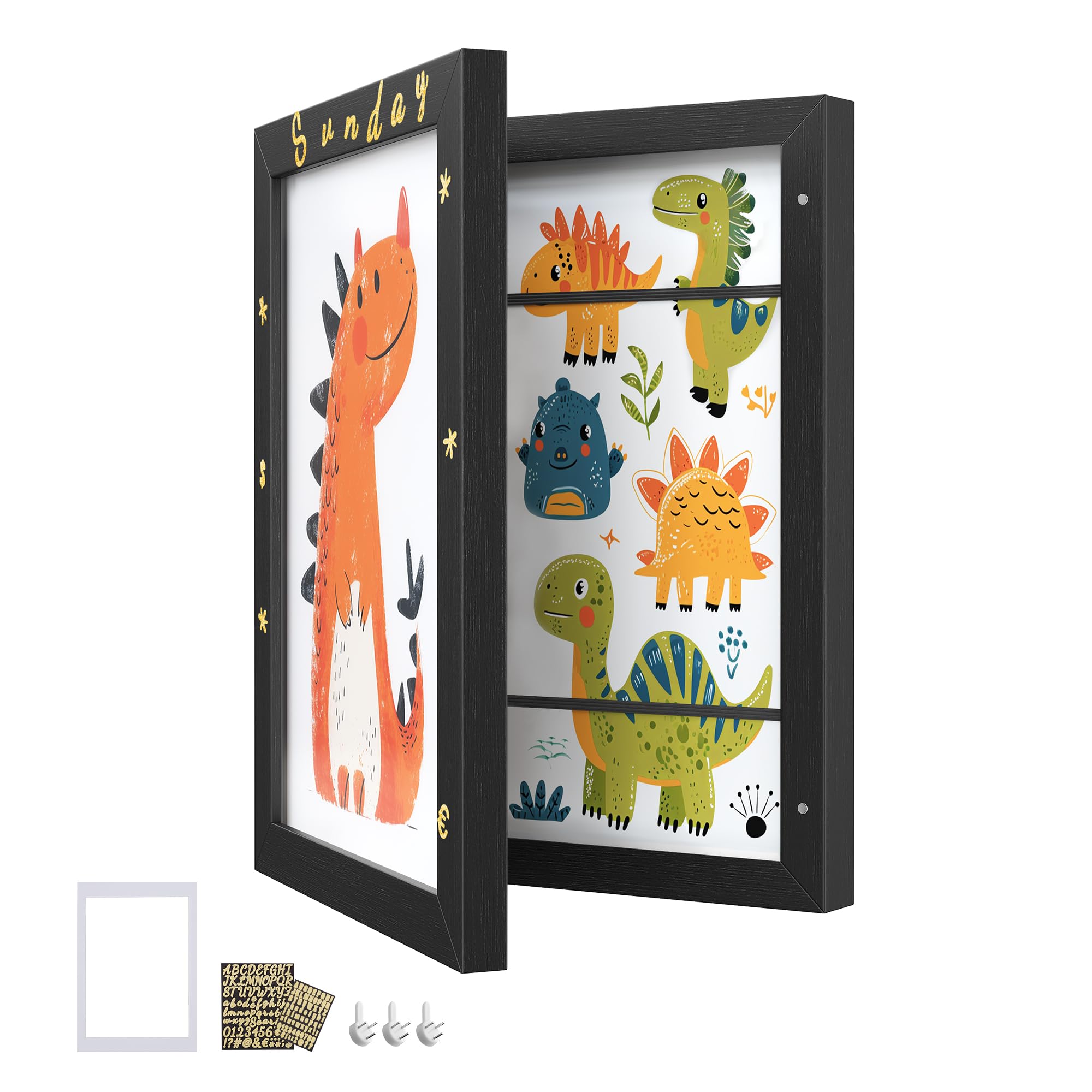 SONGMICS Kids Artwork Frame Changeable, A4, 8.5x11 Art Picture Frame Display for Room Decor, Each Storage up to 150 Drawings, with Mat, Stickers, Non-Trace Nails, MDF, Glass, Ash Black URPF052B01