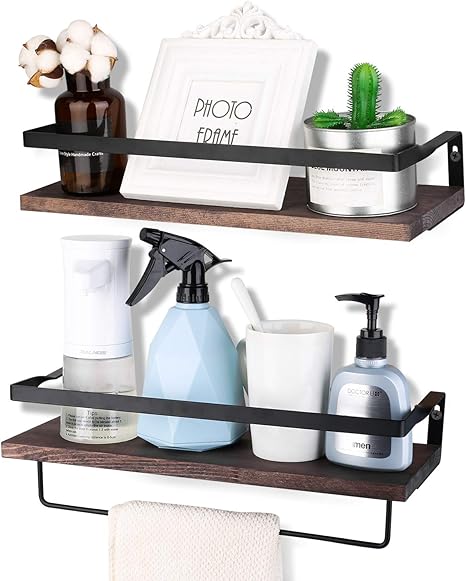Amazon Com Awekris Rustic Wood Wall Storage Shelves Set Of 2 Floating Shelves Wall Mounted Wall Decorative Shelf Display Storage Rack For Living Room Kitchen Bathroom And Bedroom Kitchen Dining