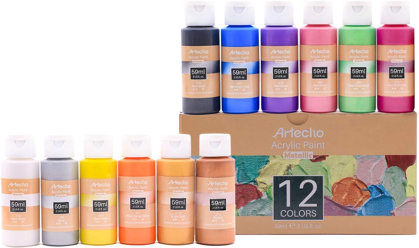 Artecho Metallic Acrylic Paint Set, 12 Colors, 2 Oz/59ml, for Wood Fabric, Canvas, Leather & Stone, 12 Metallic Colors - Image 3