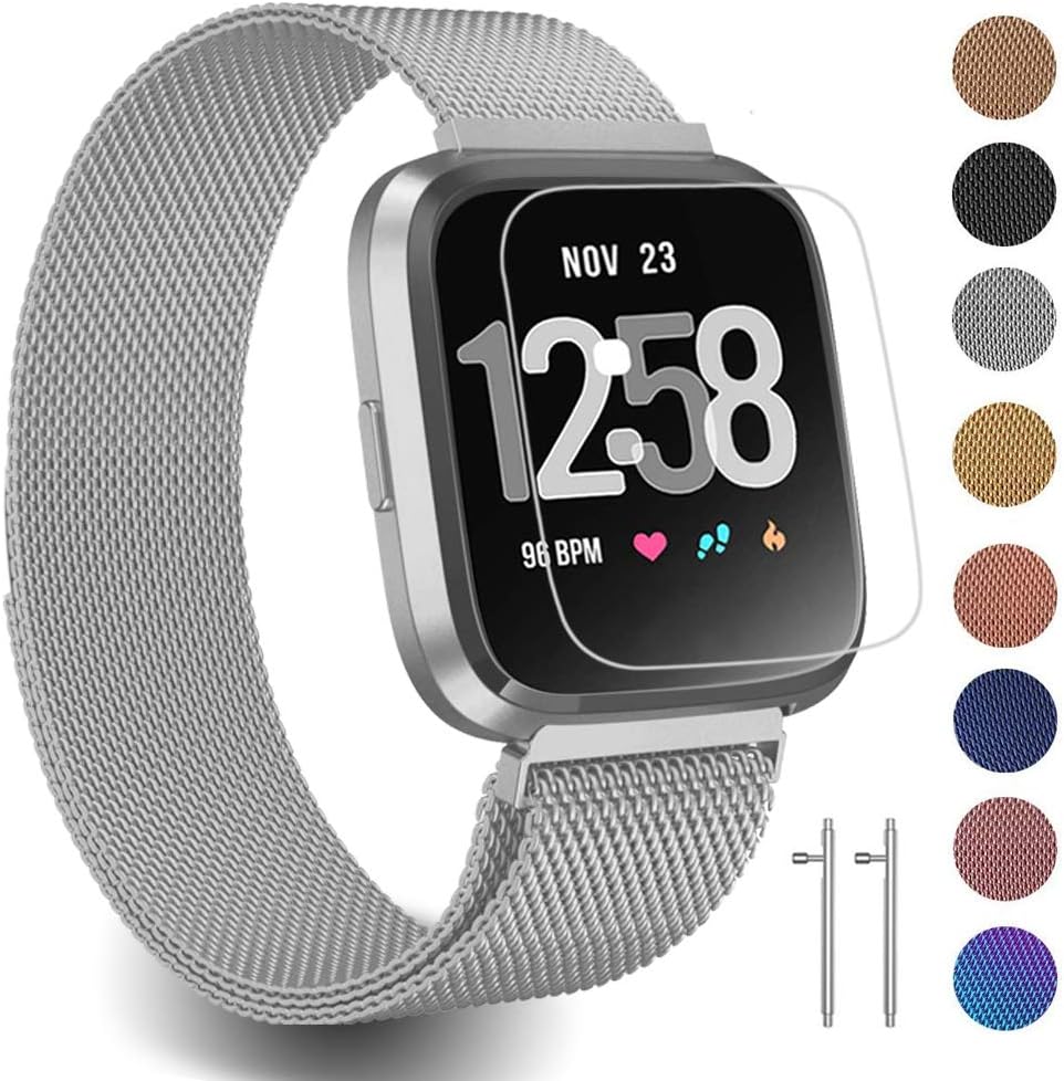 Stainless Steel Replacement Bands Compatible for Fitbit Fitbit Versa/Versa 2 / Versa Lite/SE Bands, Adjustable Metal Bracelet Wristbands for Women Men (Small, Silver)