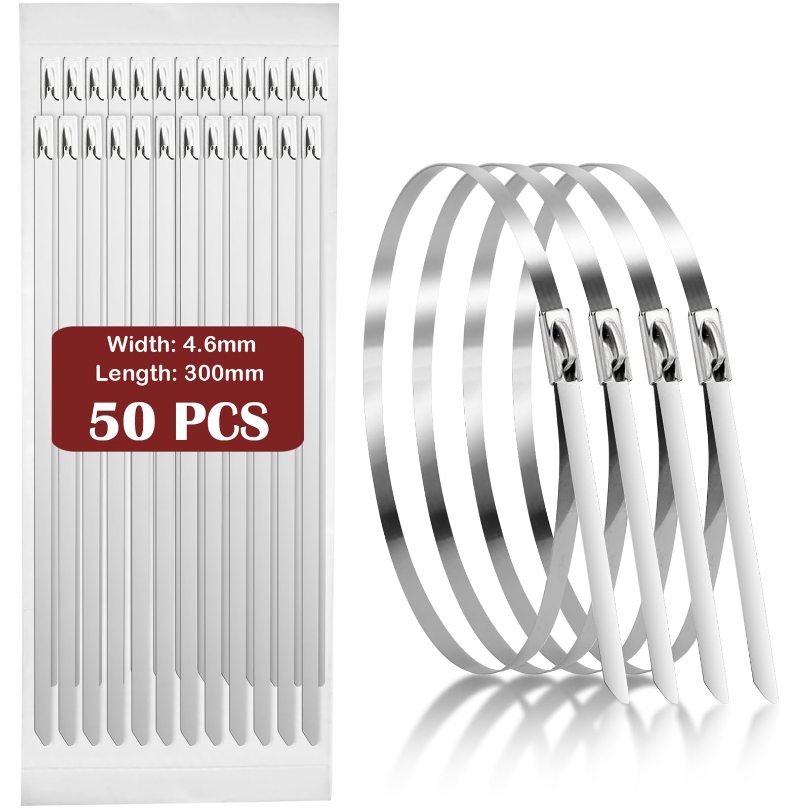 Fohirey 50 Pcs Metal Cable Ties 4.6×300mm, 304 Stainless Steel Zip Ties Silver Metal Tie Wraps, Heavy Duty Metal Zip Ties UV Resistance Steel Cable Ties for Outdoor Fence and Binding Requirements