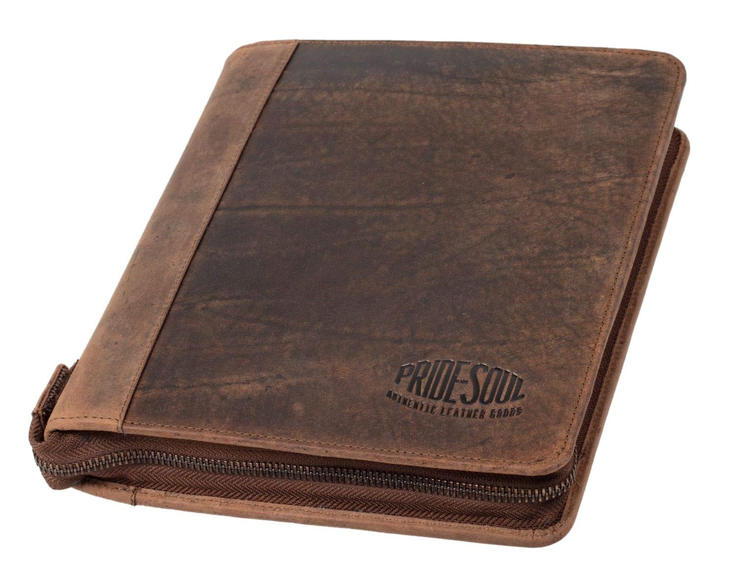 Pride & Soul Charon 30123 Organiser A5 Leather Zip Writing Case in Brown, Organiser Folder Approx. 27 x 20.5 cm, Conference Folder with Mobile Phone Pocket, Pen Loop and 3 Business Card Compartments