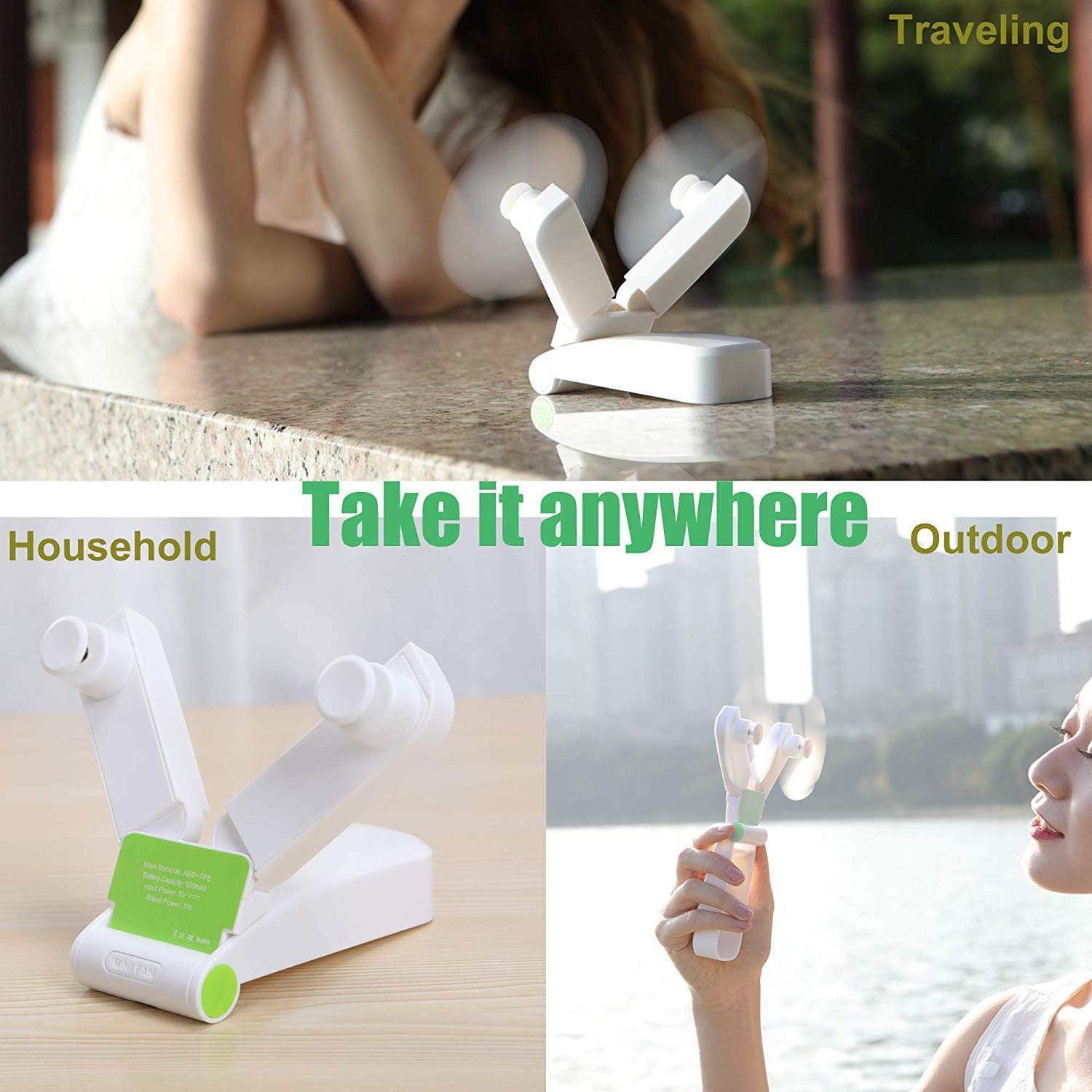 KuDiff Mini Handheld Fans Personal Fan Dual Heads Battery Operated Portable USB Rechargeable Small Desk Fan Electric Pocket Folding Fan for Travel/Home/Outdoor/Work/Summer (Pink Dual Head) (White)