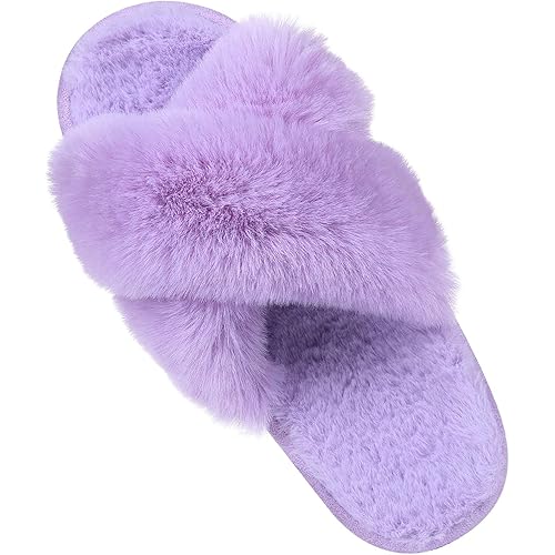 Women's Soft Plush Lightweight House Slippers Non Slip Cross Band Slip on Open Toe Cozy Indoor Outdoor Slippers