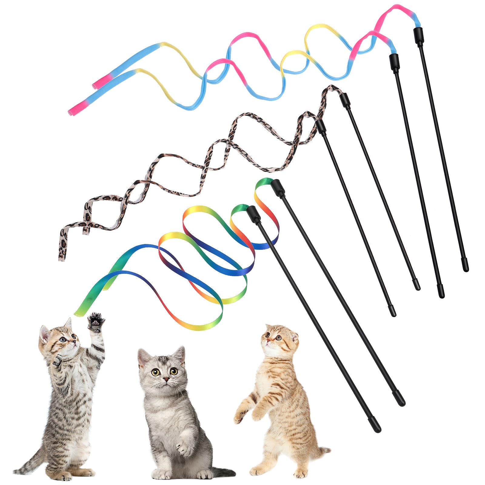 Amaxiu Cat Wand Toy Set, Interactive Cat Wand Toy with Rainbow Ribbon String, Rainbow Cloth String, Leopard Print Cloth String for Small Cats Kittens Indoor Training Catcher(6 Packs)