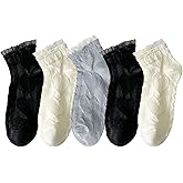 zrylibya Women Ruffle Frilly Lace Trim Ankle Socks Heart Pattern Textured Casual Cute Low Cut Socks 5 Pairs