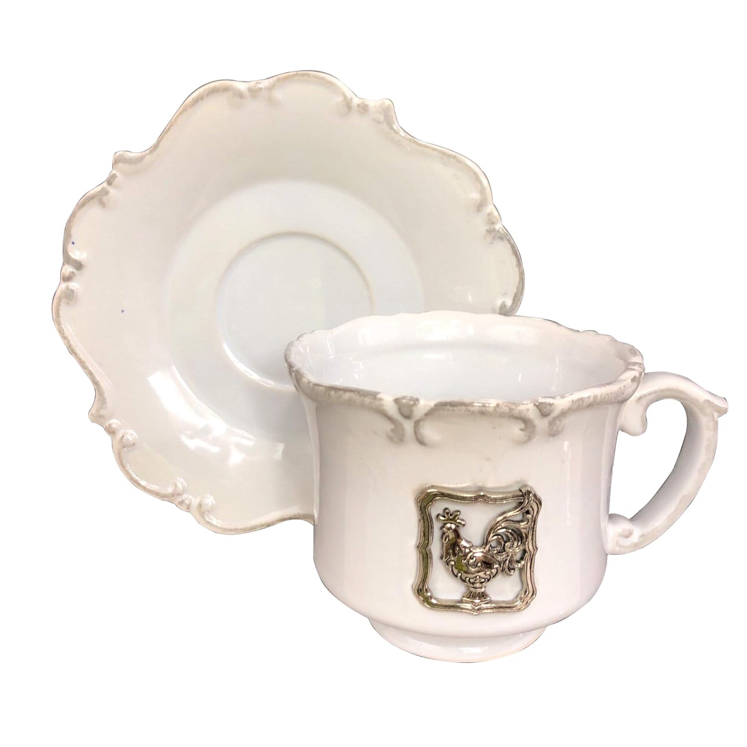 Ganz Tea Cup Saucers Set Rooster Fancy Silver Floral Medallion Accent
