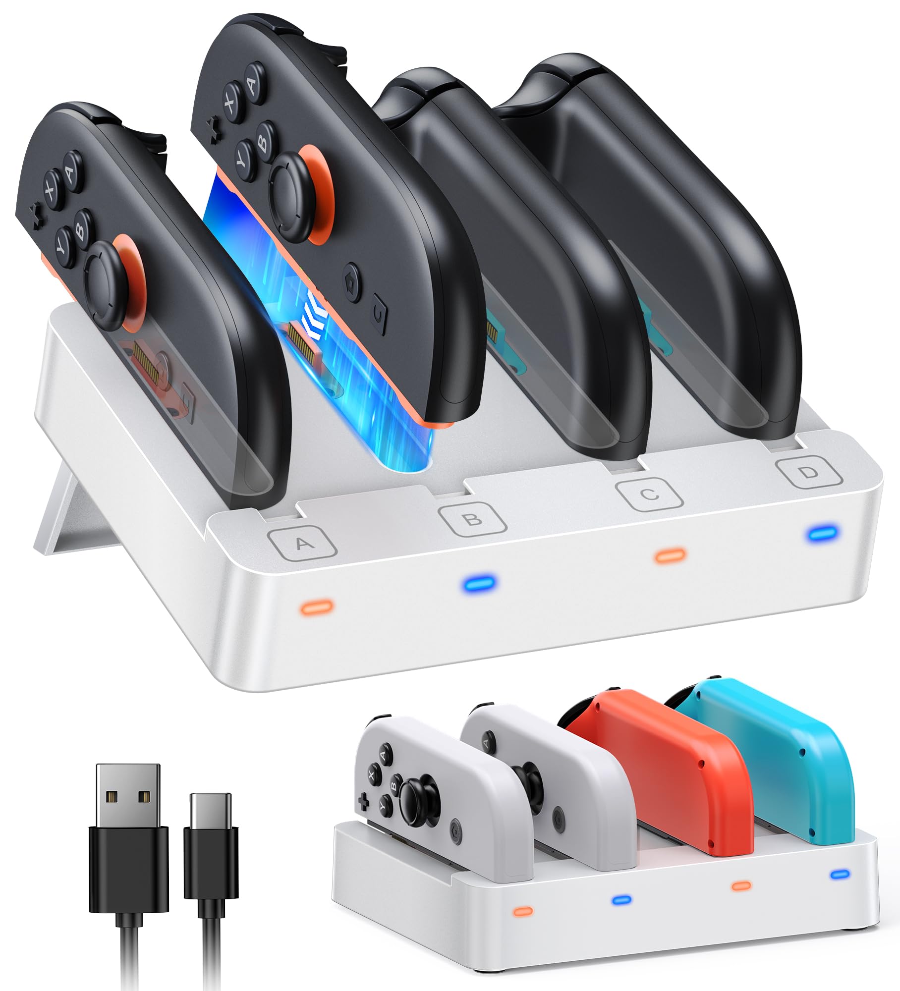 Switch Charger for JoyCon 2 & 1 - Compatible with Nintendo Switch 2/1 /OLED Controller Charger Charging Dock Accessories with Foldable Stand and LED Indicator - White