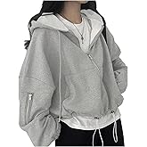 Women's Zip Up Drawstring Hoodie Open Front Long Sleeve Loose Sweatshirt Fall Fashion Going Out Coat