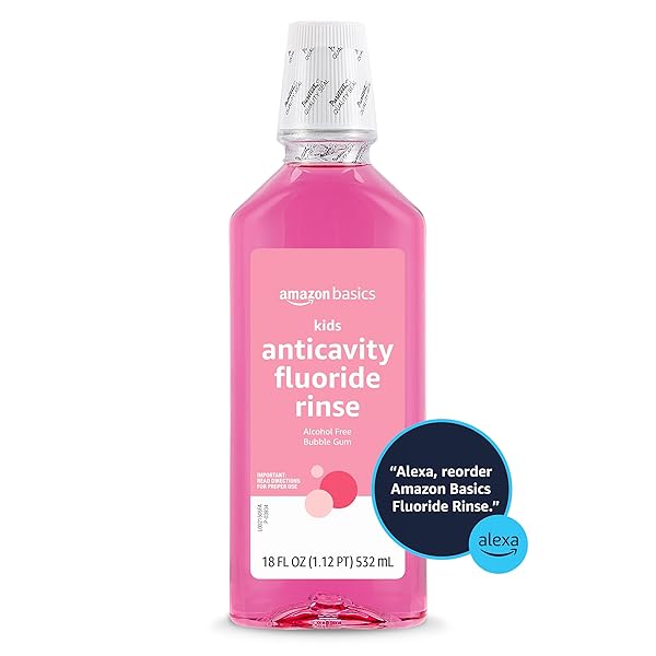 AMAZON BASICS KIDS MOUTHWASH WITH FLUORIDE, ANTICAVITY, ALCOHOL-FREE BUBBLE GUM FLAVOR, CAVITY PREVENTION, 18 FL OZ