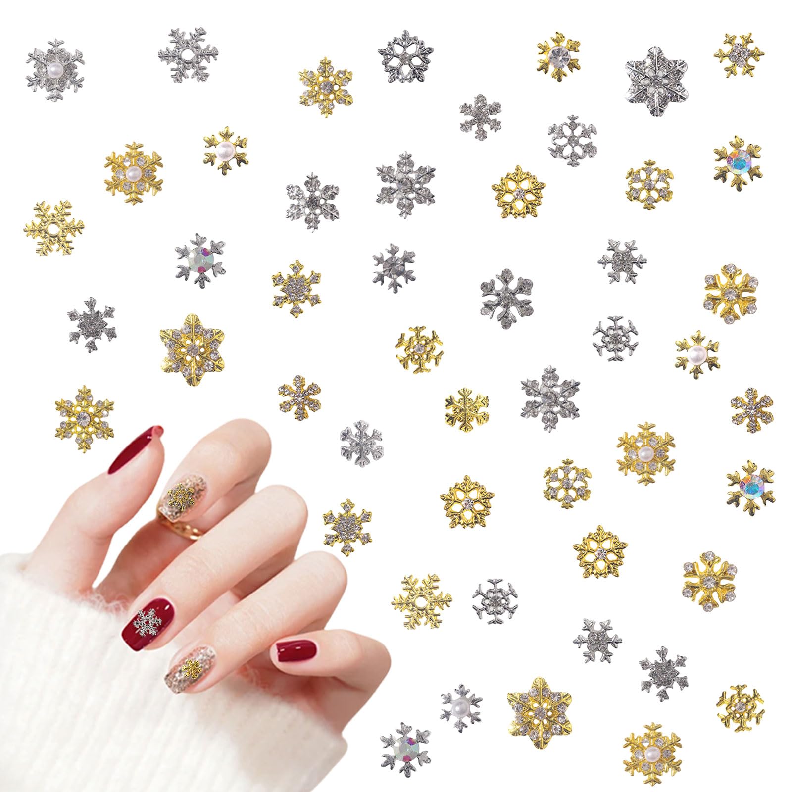 Pearl Rhinestone Snowflake Nail Art Gems and Charms, 60Pcs Metal Alloy Gold Silver Snowflake Nail Decorations for Women Girls Manicure Design DIY Crafts