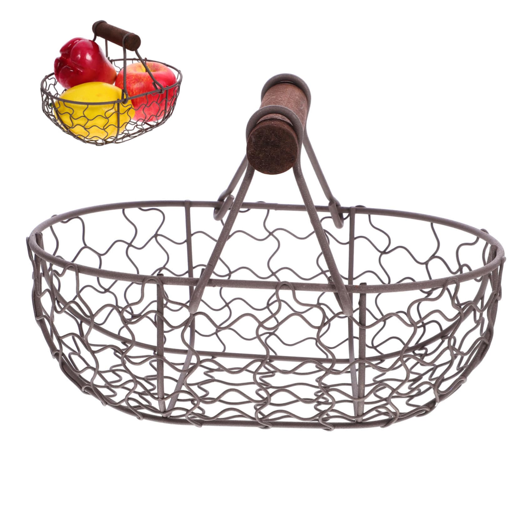 Yardwe Kitchen Storage Metal Wire Egg Basket Rusty Round Chicken Wire Egg Baskets Rustic Gathering Baskets With Wood Handle Country Primitive Farmhouse Vintage Style Storage Baskets