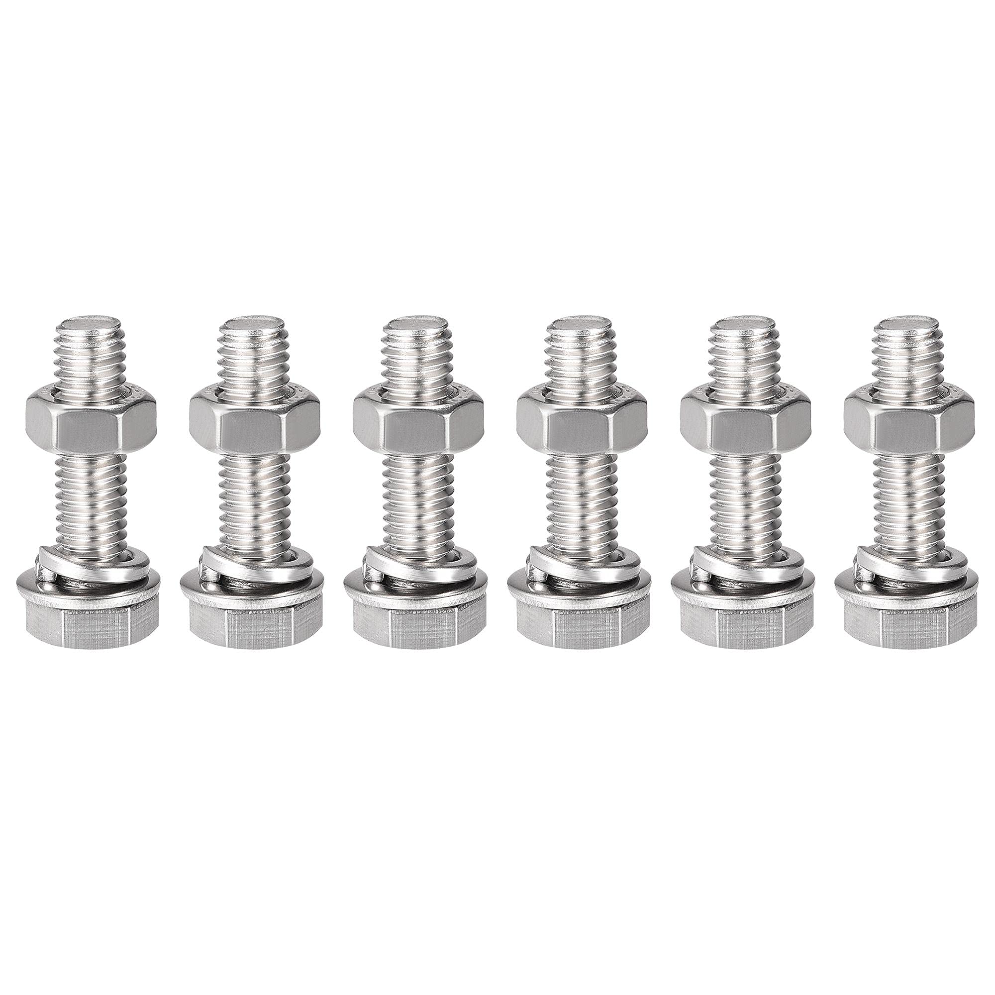 sourcing map M8 x 30mm Hex Head Screws Bolts, Nuts, Flat & Lock Washers Kits, 304 Stainless Steel Fully Thread Hexagon Bolts 6 Sets