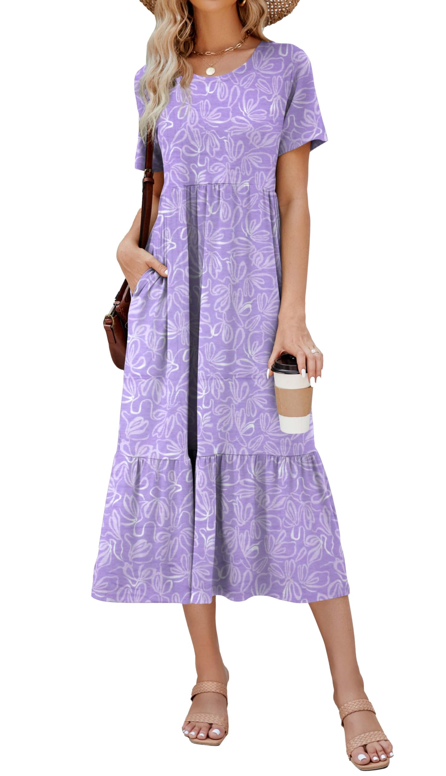 Photo 1 of **MATERIAL THIN** Summer Dresses for Women Flowy Maxi Sundress Short Sleeve Tiered Beach Dress with Pockets 2026 Vacation Travel