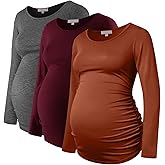 Bhome Women's Maternity Shirts 3 Packs Long Sleeve Pregnancy Tops Basic Side Ruched Tunic Blouse