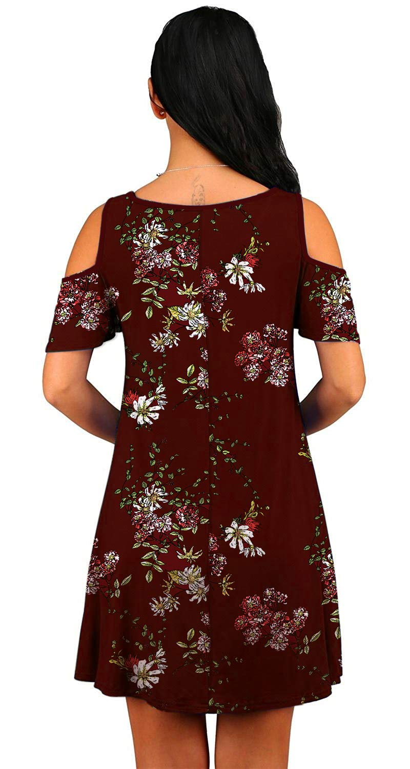 Donnalla Women\'s Summer Cold Shoulder midi Dress Tunic Top Swing T-Shirt Loose Dress with Pockets(Wine Red Floral Large)