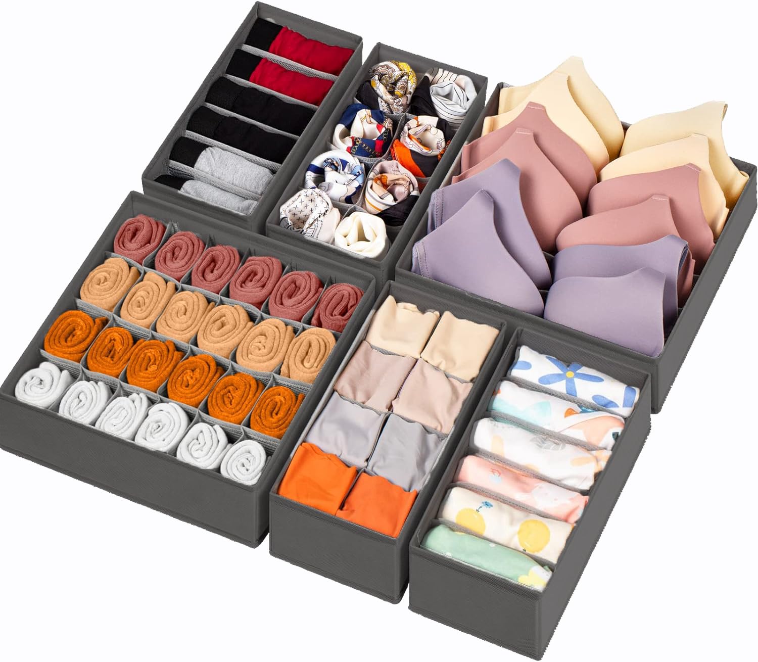 SabMak Underwear Drawer Organiser Divider – Bedroom Storage Boxes for Bras, Underwear, Socks, Ties, Baby Cloths, Wardrobe Clothes Organiser (set of 6)