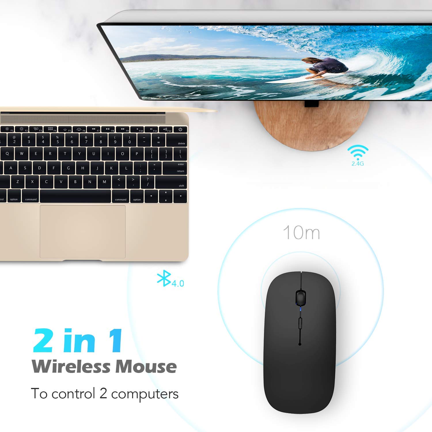 Hommie Wireless Bluetooth Mouse, Dual Mode Bluetooth 4.0 Mouse 2.4G Wireless Rechargeable Computer Mice, 5 Adjustable DPI, Less Noise for PC, Laptop, Mac, Android, Windows