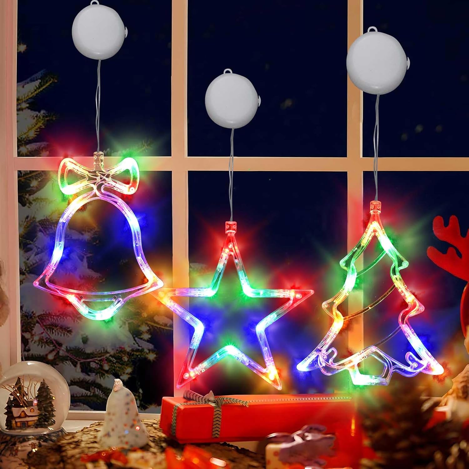 String Lights - MUYUN Christmas Decorations 3PCS Christmas Window Lights Battery Powered Christmas Window Decorations with Suction Cup Hook,Timer for New Year,Home,Party（Star&Jingle Bell&Xmas Tree,Multicolored）