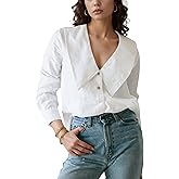 Daacee Women’s Big Collar Cotton Linen Blouses Dressy Casual Long Sleeve V Neck Button Down Shirts Ladies Tops
