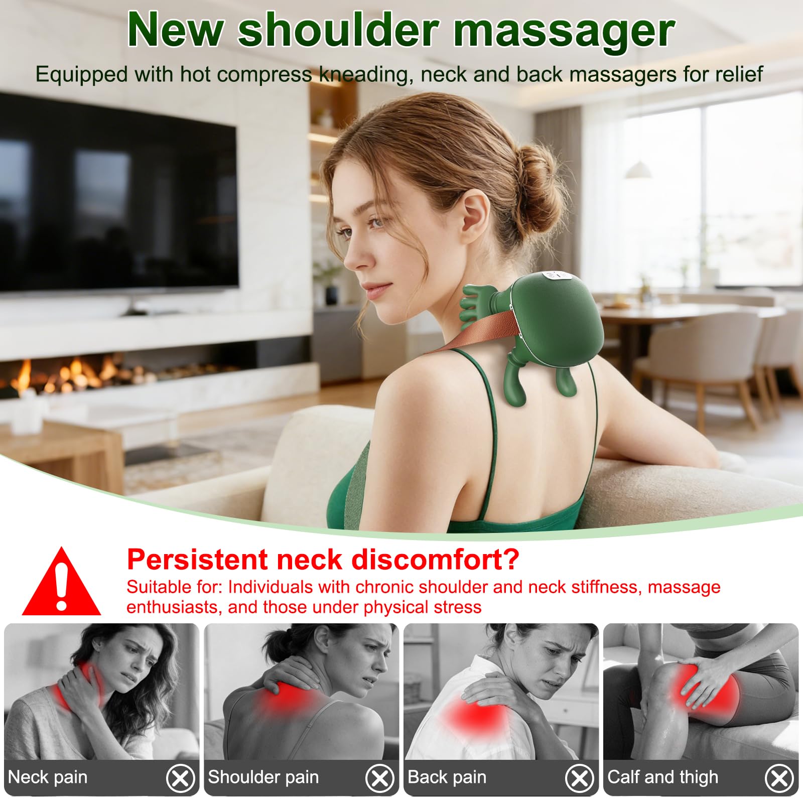 Nooydio Neck Massager, Neck and Back Massager with Heat & 4D Kneading, Shiatsu Deep Tissue Wireless Massager for Shoulder Cervical Pain Relief, Portable Rechargeable for Home Office (Green)