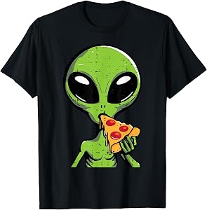Alien Eating Pizza Funny UFO Snack Food Men Boys Kids Women T-Shirt