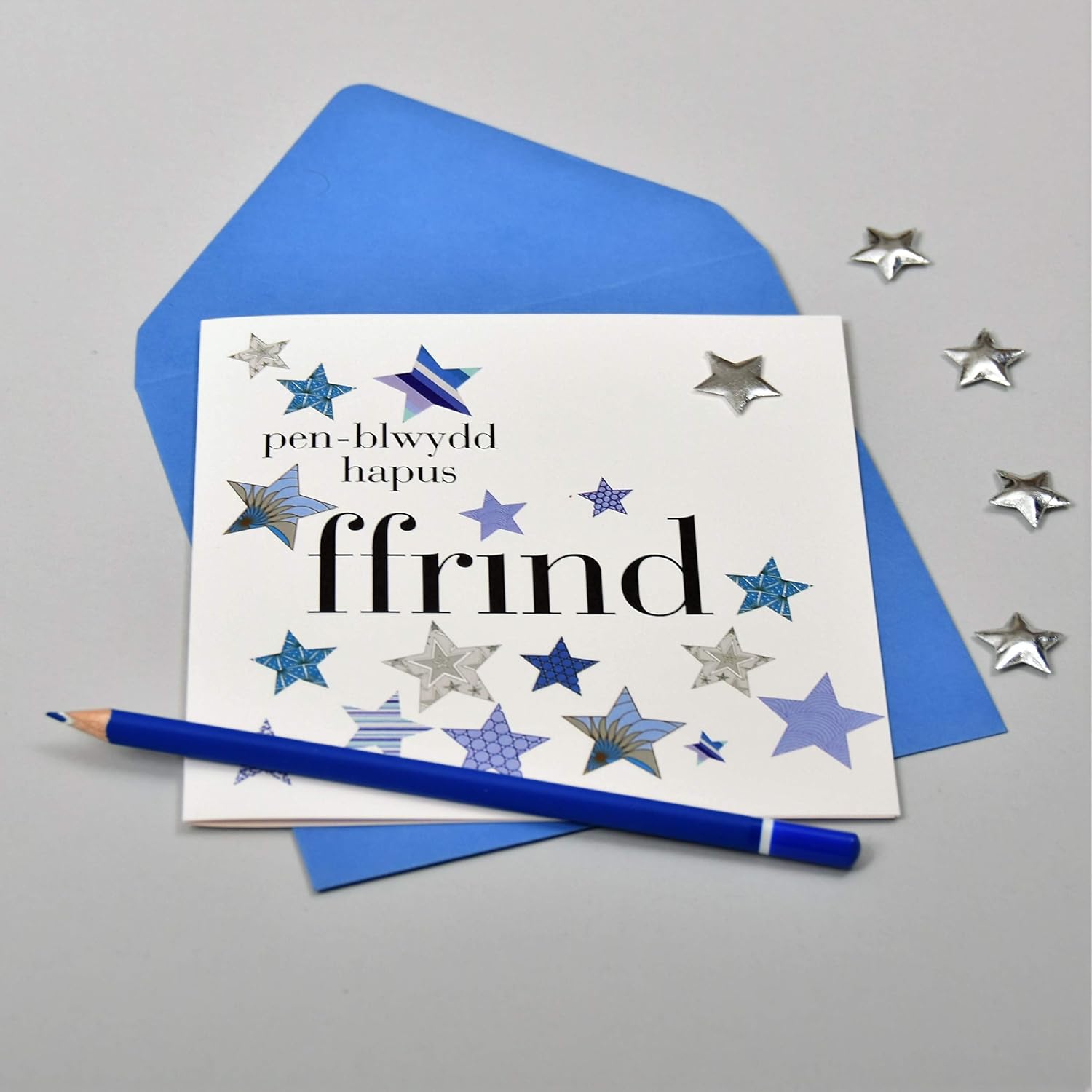 Claire Giles Greeting Cards, Welsh Happy Birthday Friend Card, Penblwydd Hapus, Blue Stars design Birthday Greeting Card - Image 4