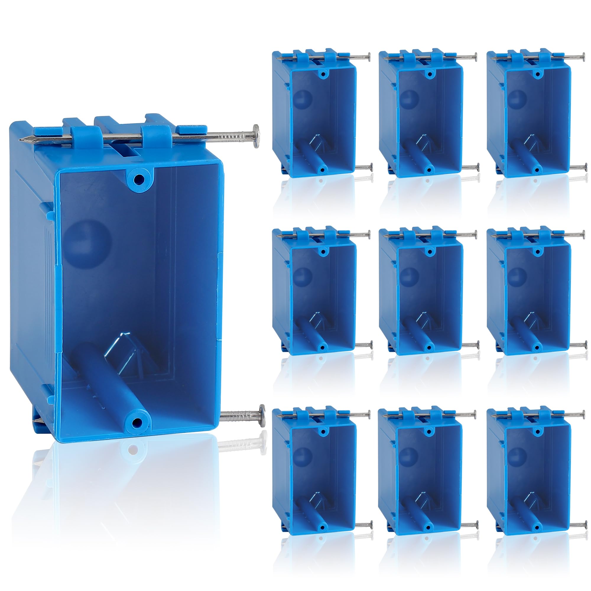 Photo 1 of 10-Pack Single Gang Electrical Box, New Work Box 1 Gang, Blue New Work Electrical Nail Outlet Box, 18 cu. in, Switch/Outlet Box PVC Electrical Junction Box for Residential Commercial Job Applications