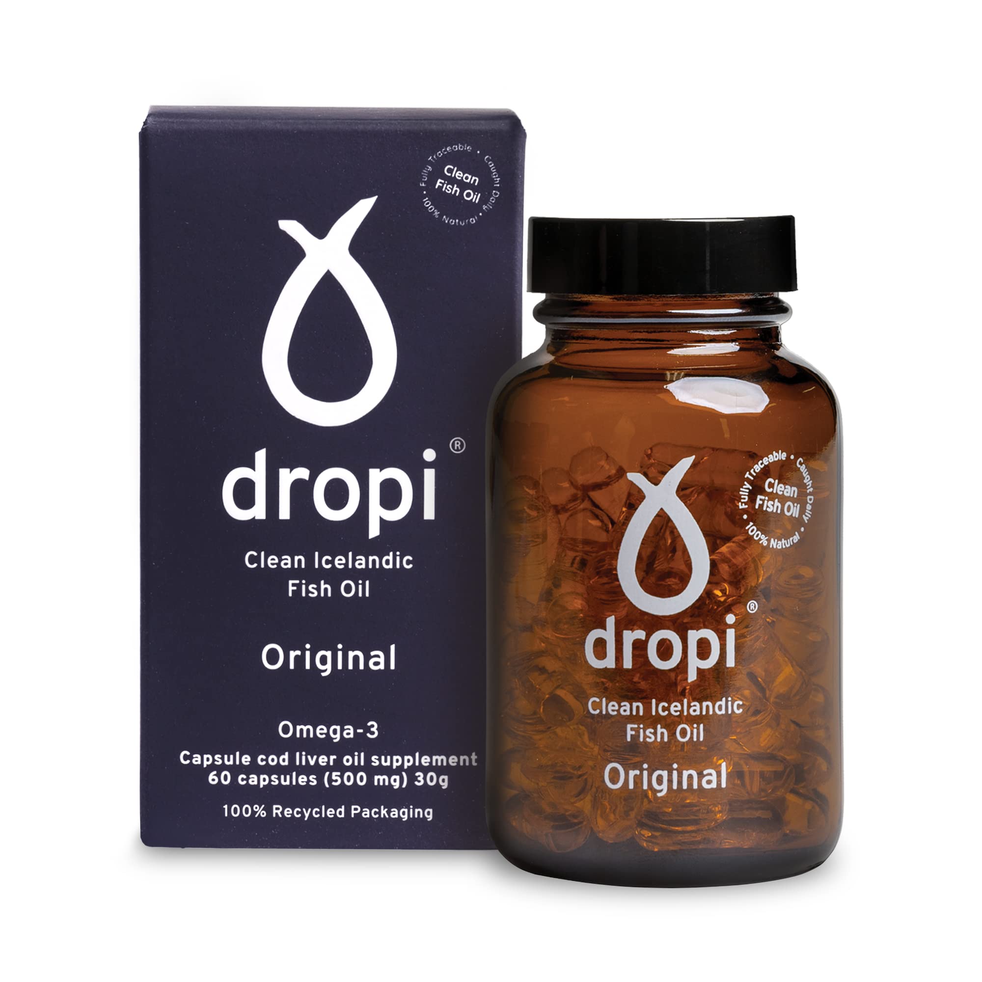 Dropi Icelandic Fish Oil - Extra Virgin Cod Liver Oil (EVCLO) - Natural Source of Vitamin A & D3 - Cold-Processed, Traceable & Pure from the Westfjords Pristine Atlantic Fishing Grounds (60 x 500mg)