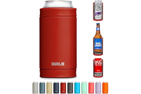 DUALIE 3 in 1 Insulated Can Cooler - Universal Size for 12 oz Cans, Slim Cans, and Bottles - Burnt Red
