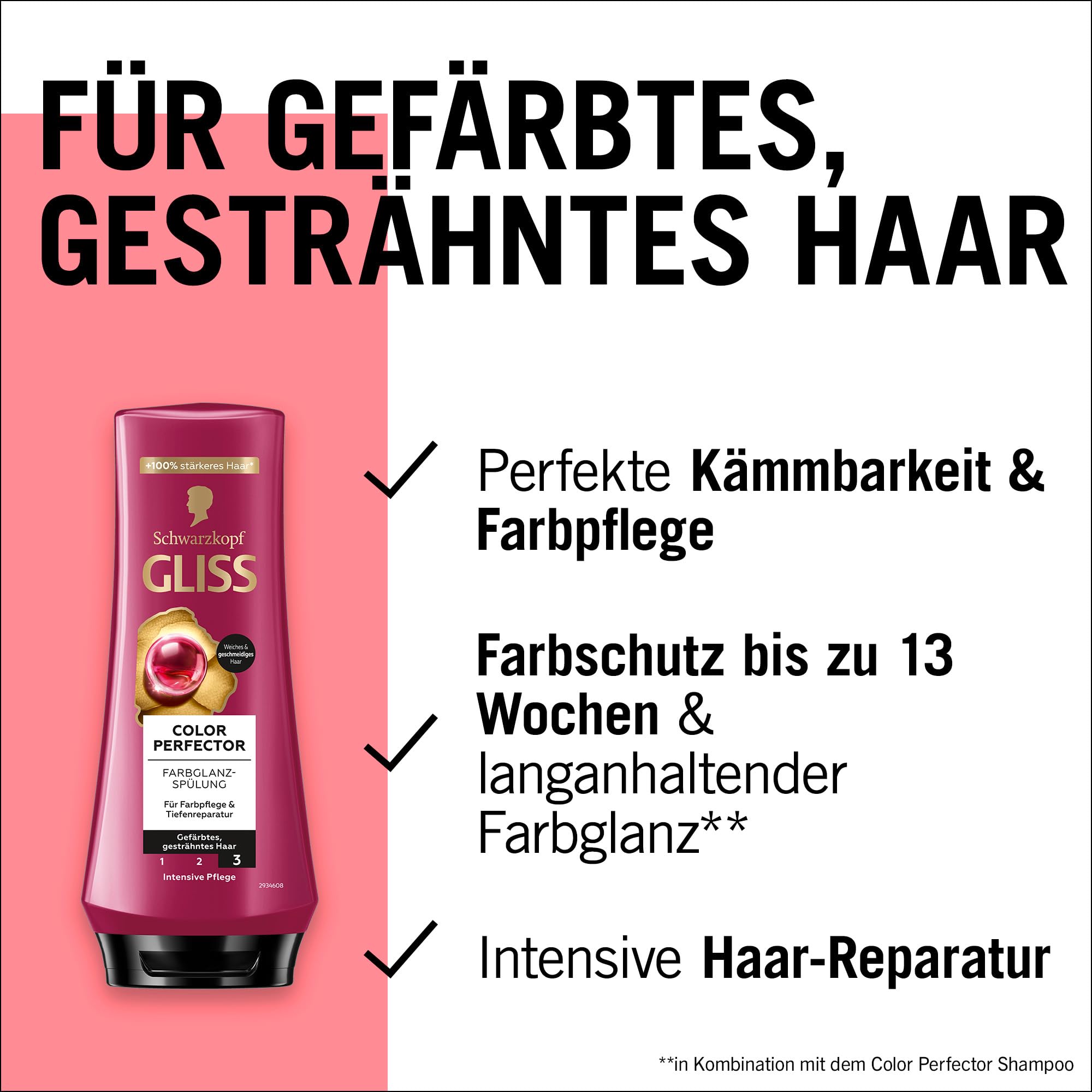 Gliss Spülung Color Perfector (200 ml), Conditioner mit Hyaluron-Komplex & Cranberry-Extrakt für gesträhntes & gefärbtes Haar bietet Farbschutz und strahlenden Farbglanz 2