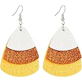 Shiny Halloween Candy Corn Earrings Cute Layered Candy Corn Leather Teardrop Earrings Lightweight Fall Thanksgiving Halloween Festival Costume Jewelry Accessories