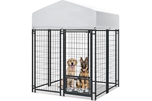 Oranland Outdoor Dog Kennel for Large Dogs, Heavy Duty Welded Wire Steel Dog Playpen Fence with Secure Lock, Dog Pen with Waterproof Roof Cover and 2 Rotating Dog Bowls for Small/Medium/Large Dogs