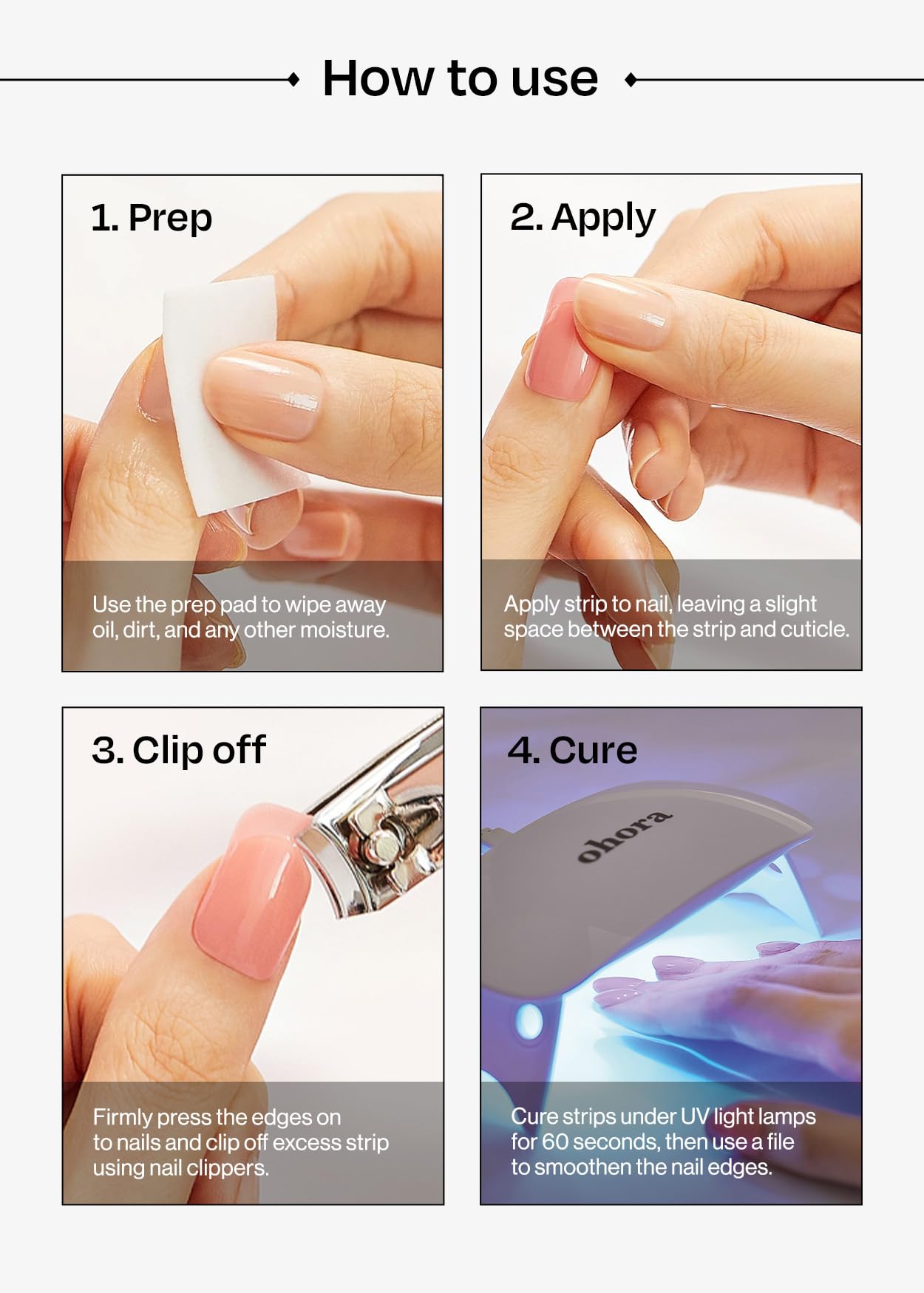 ohora Semi Cured Gel Nail Strips (N Dancing Flower) - White Works with Any UV/LED Lamps, Salon-Quality, Long Lasting, Easy to Apply & Remove - Includes 2 Prep Pads, Nail File & Wooden Stick - Image 7