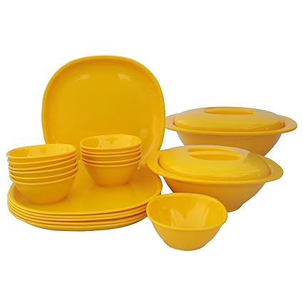 Incrizma Plastic Square Plate and Bowl Set, 22-Pieces, Yellow