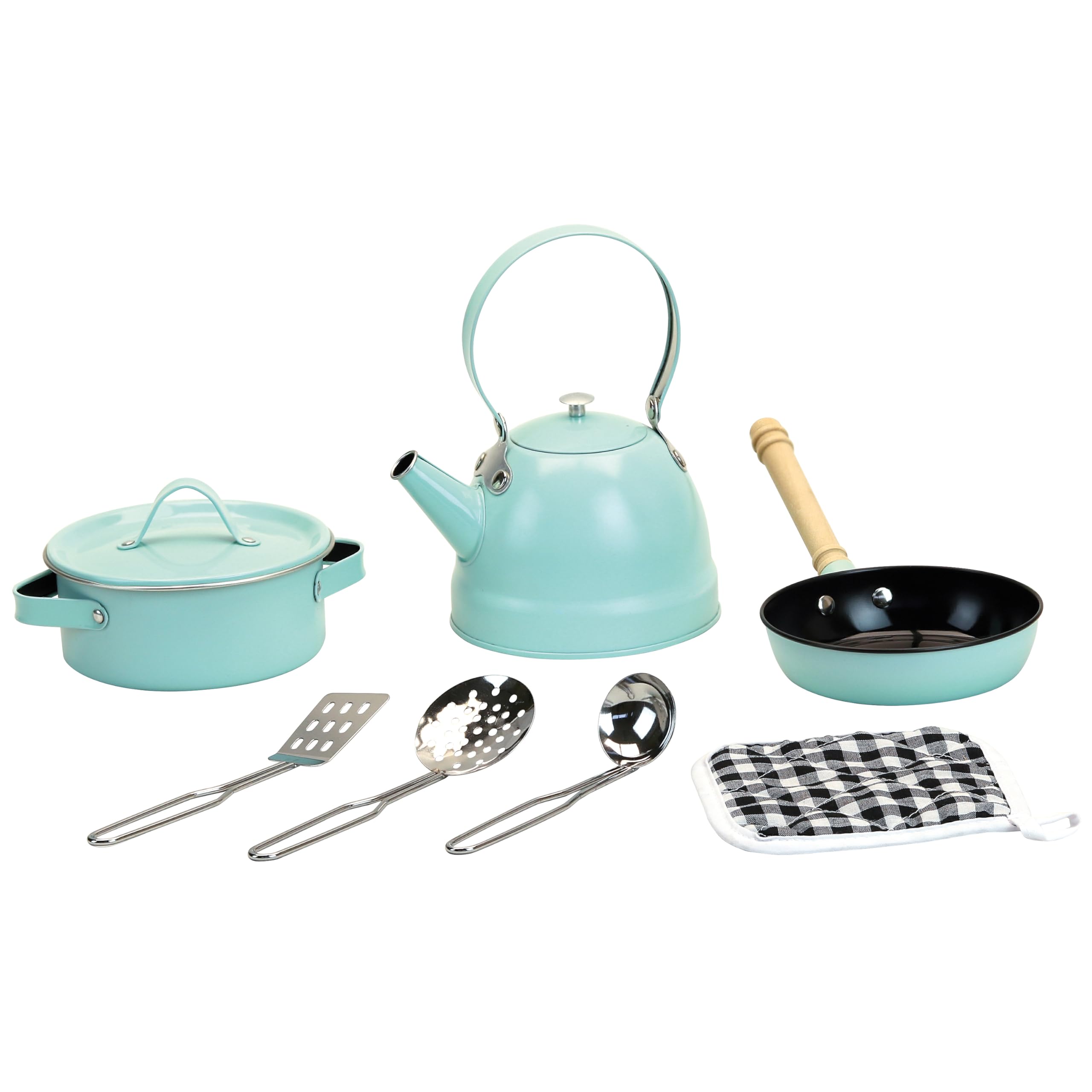 Vilac Children's Metal Pretend Play Kitchen Set, Includes Utensils, Saucepan and Kettle, Pastel Blue, 3 Years+