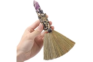 RENEMEGO Crystal Witch Altar Broom - Witchcraft Supplies with Amethyst Wiccan Stuff Broomstick with Natural Healing Crystals Hexagonal Points Pagan Fengshui Reiki Energy Clearing Gift