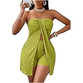 GORGLITTER Women's 2 Piece Outfits Strapless Split Hem Tube Top & Biker Shorts Textured Matching Set