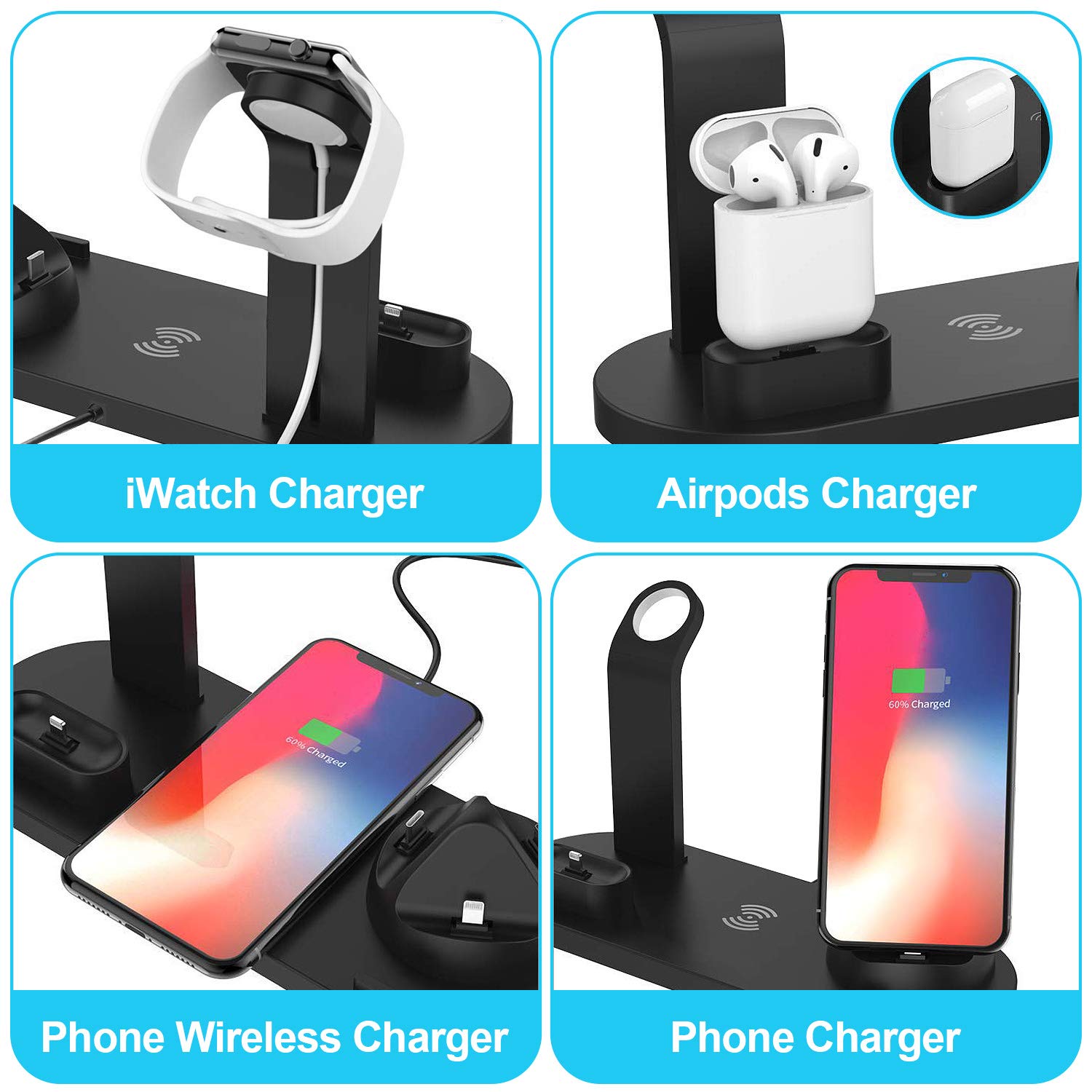 6 in 1 Wireless Charger Qi-Certified Wireless Charging Dock Compatible with Apple Watch 5 and Airpods Charging Station for iPhone 11 11 Pro X XS XR Xs Max 8 8 PlusSpace (2019 Upgrade Black)