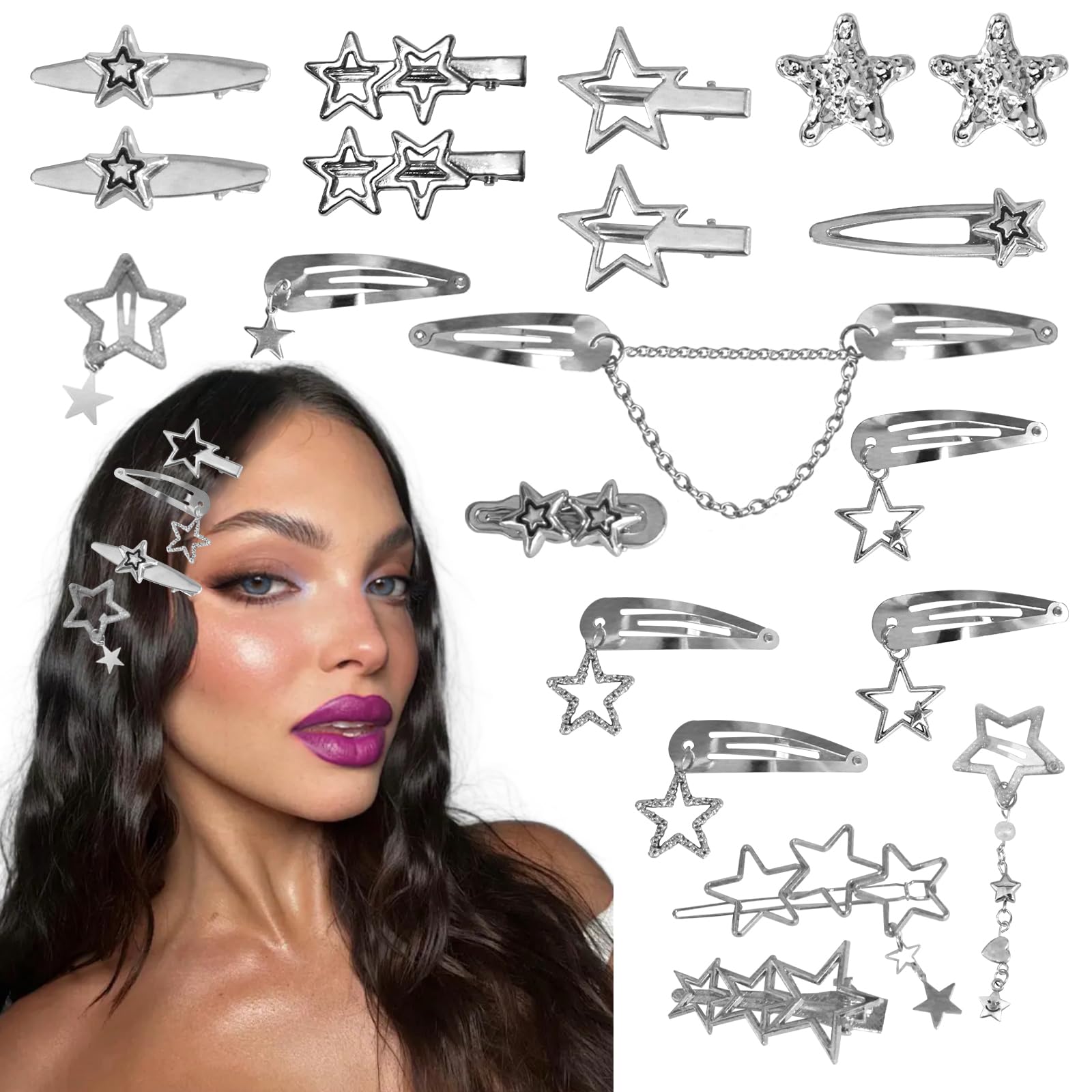 Photo 1 of 20 Pcs Star Hair Clips Y2K Silver Hair Clips 14 Shapes Y2K Hair Accessories Metal Non-Slip Snap Barrettes for Girls 2000s Punk Kawaii Star Charm Hair Clips for Women(Silver A)