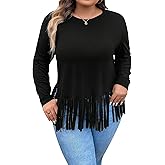 SOLY HUX Women's Plus Size Fringe Hem T Shirts Long Sleeve Round Neck Casual Tee Tops