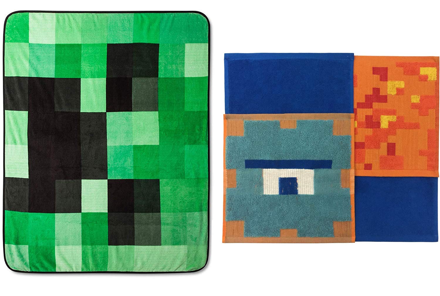 Minecraft Blocky Compatible Throw 8-Bit Character Face Bed Green Creeper Face Blanket + 2 Adventure Bathtime Game Design Theme Washcloth